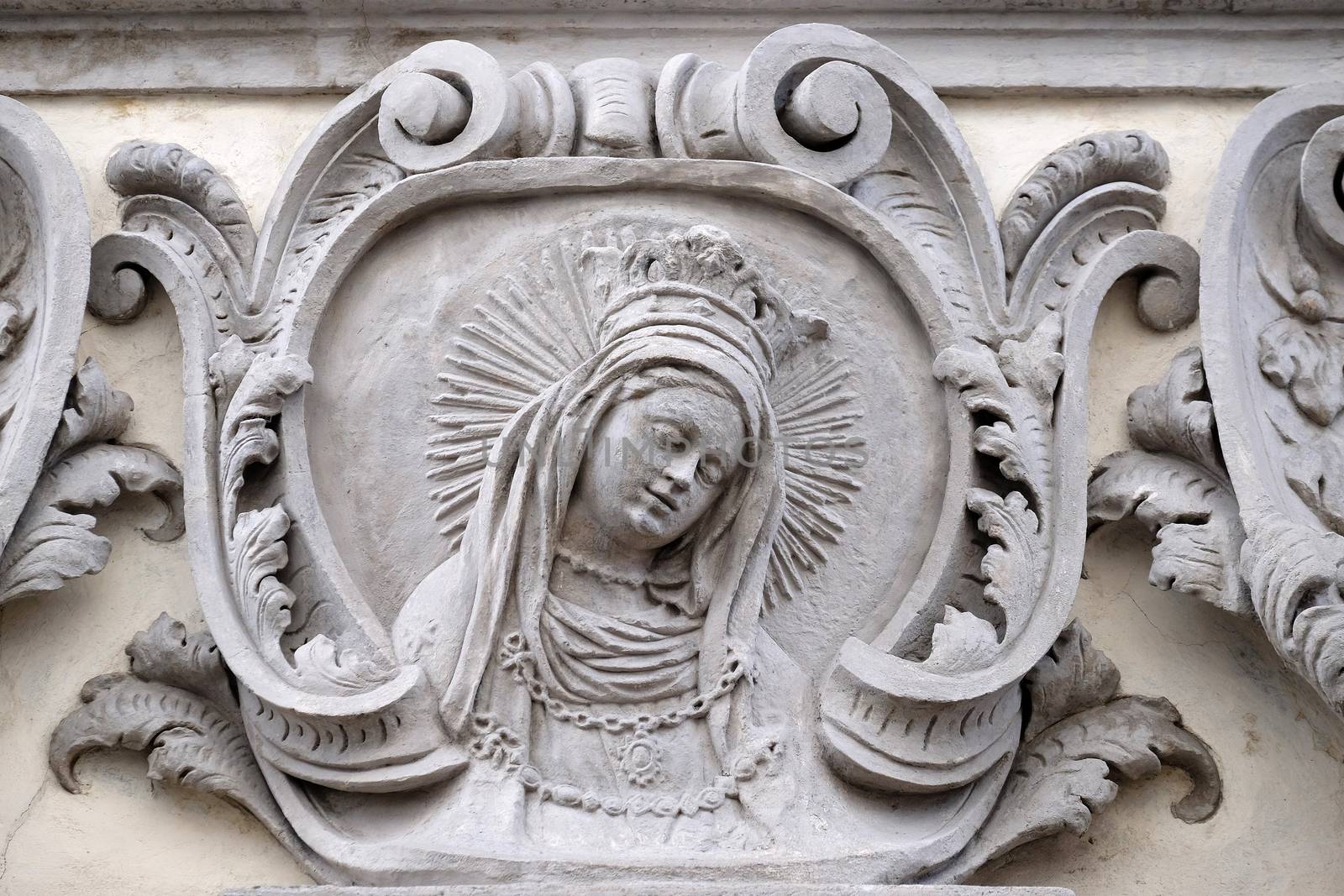 Virgin Mary, statue on the house facade in Graz, Styria, Austria