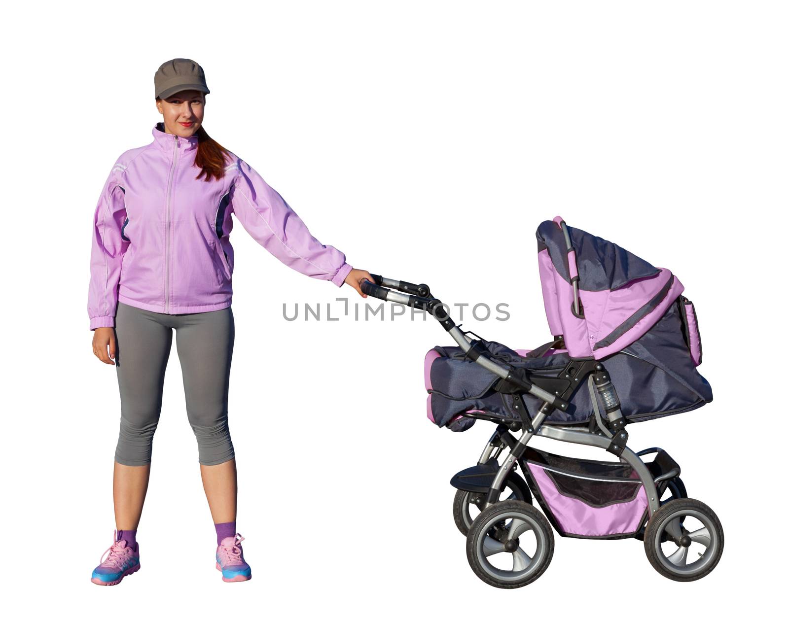 A Young mother athlete with a baby buggy lilac isolated on white background