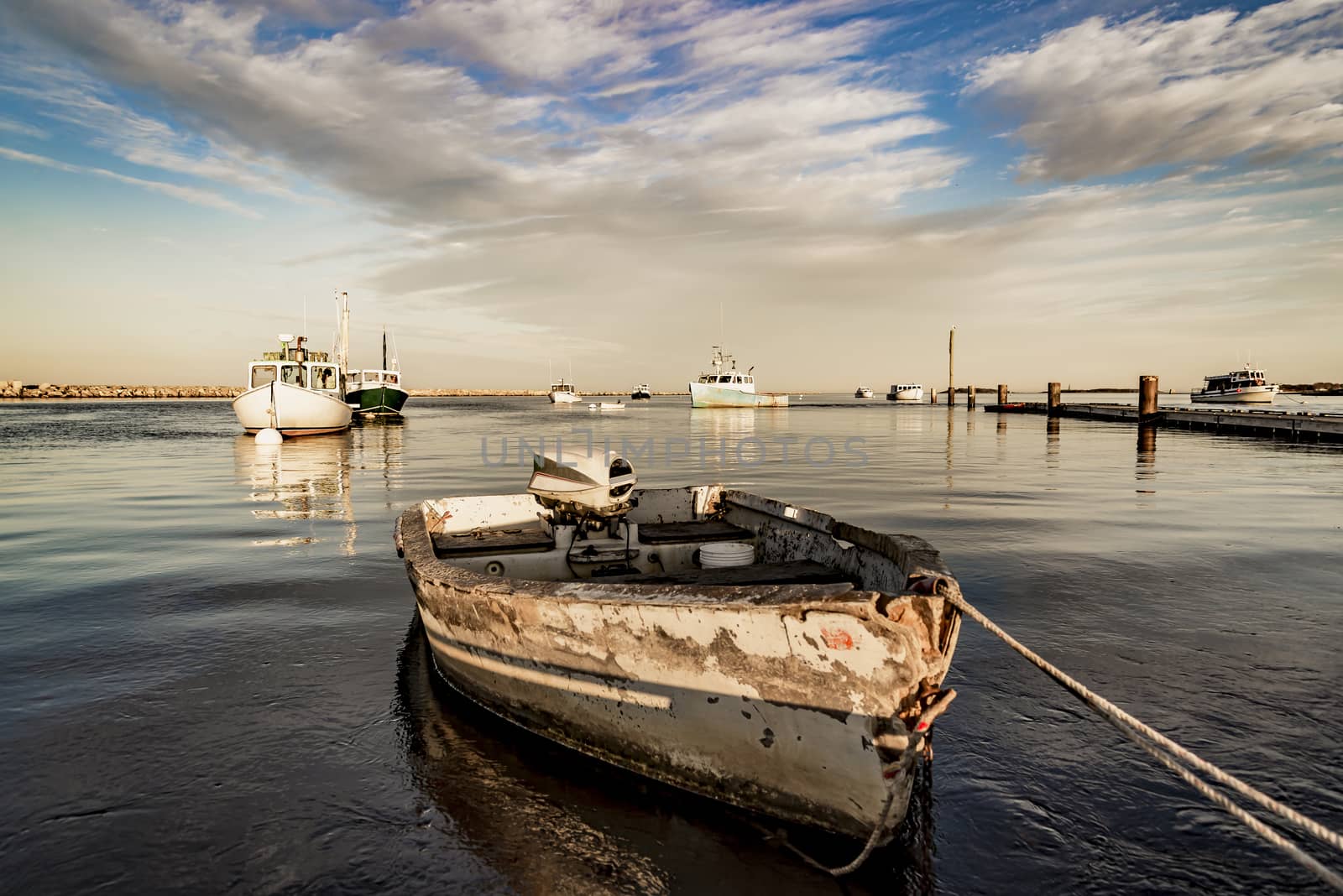 a small boat on the oceanic coast in Maine, USA