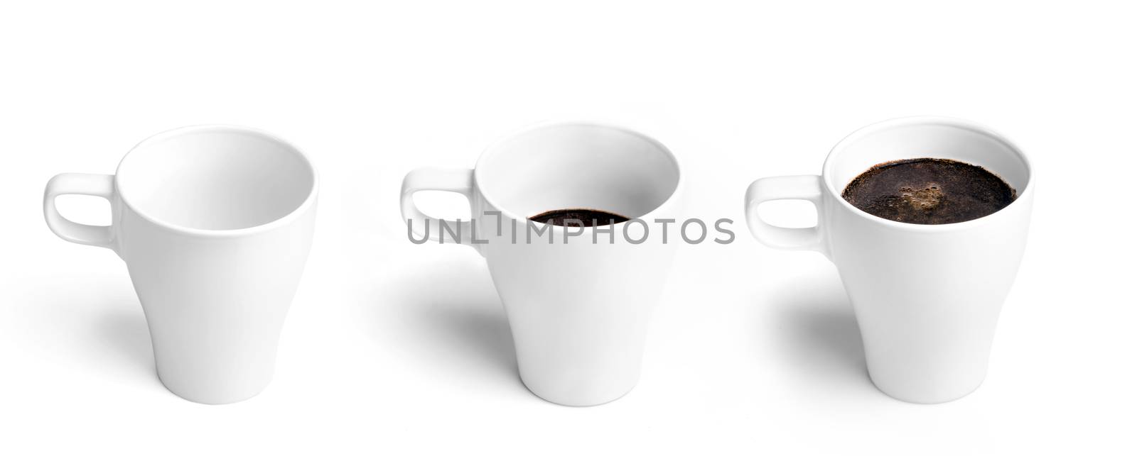 Three cups of coffee, empty, semifull and full one, isolated on white background.