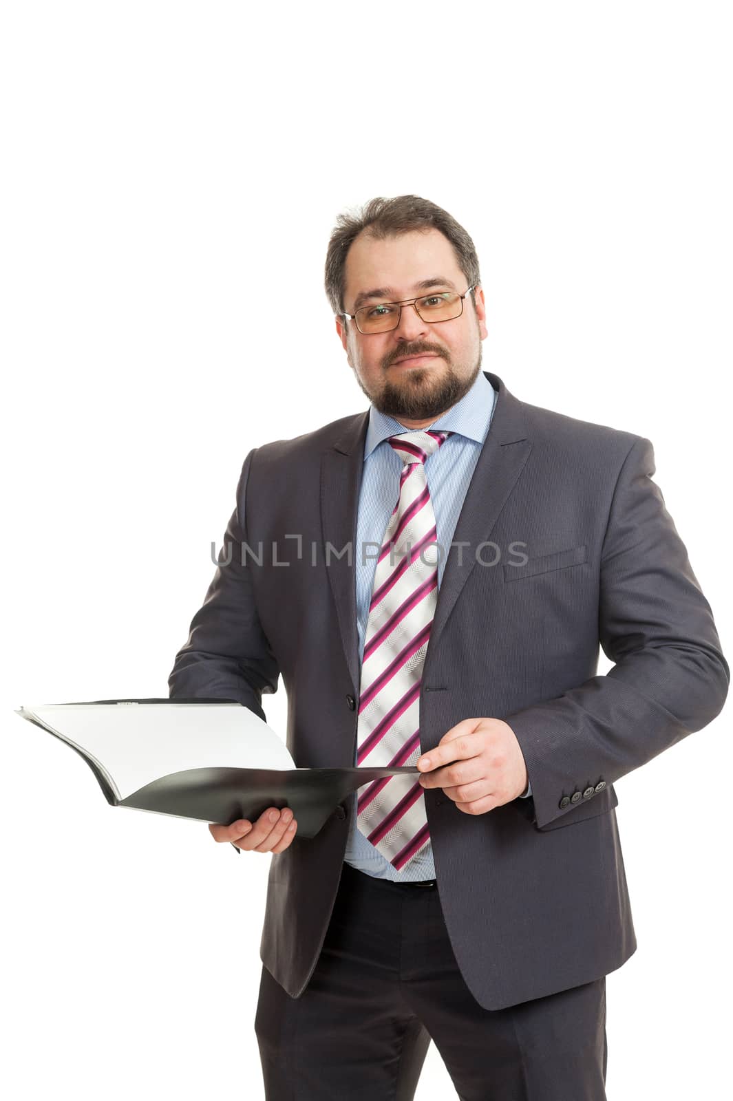 the adult man holds the folder in hand