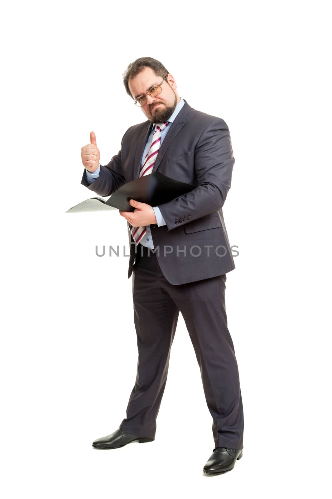 the adult man holds the folder in hand