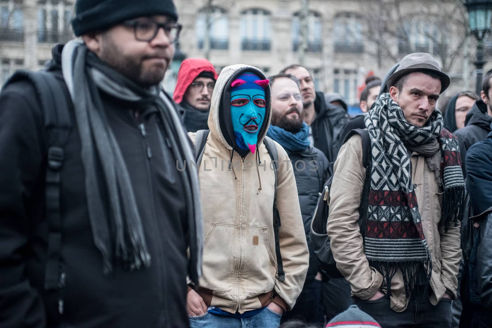 FRANCE, Paris : People join the Nuit Debout or Standing night movement at the Place de la Republique in Paris on April 2, 2016. A few hundred people rallied to demand the halt of home evictions which can begin the day after the end of the French winter break, after which tenants can be evicted from their homes. They also gathered to show their opposition to the labor reform law in the wake of the nationwide demonstration which took place on March 31, 2016.