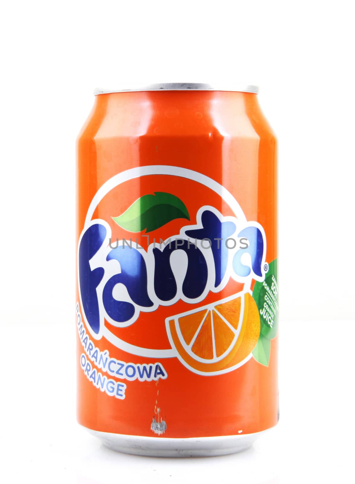 AYTOS, BULGARIA - APRIL 03, 2016: Fanta can isolated on white background. Fanta is a carbonated soft drink sold in stores, restaurants, and vending machines throughout the world.