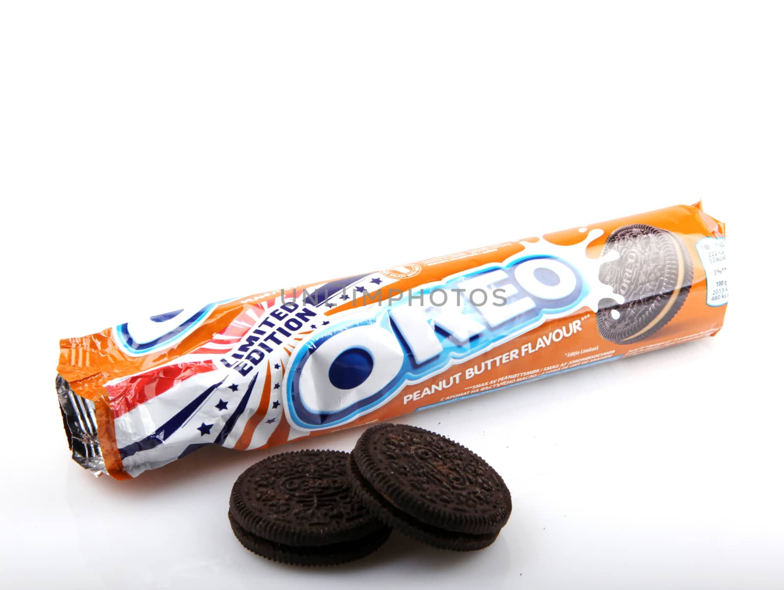 AYTOS, BULGARIA - APRIL 03, 2016: Oreo isolated on white background. Oreo is a sandwich cookie consisting of two chocolate disks with a sweet cream filling in between.