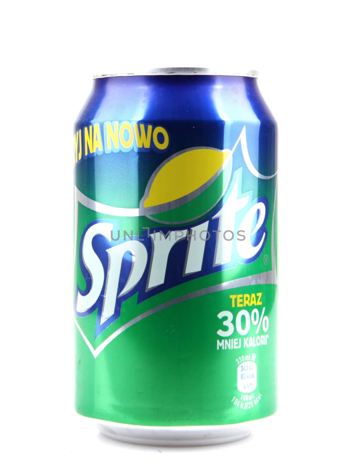 AYTOS, BULGARIA - APRIL 03, 2016: Sprite isolated on white background. Sprite is a colorless, lemon-lime flavored, caffeine-free soft drink, created by the Coca-Cola Company.