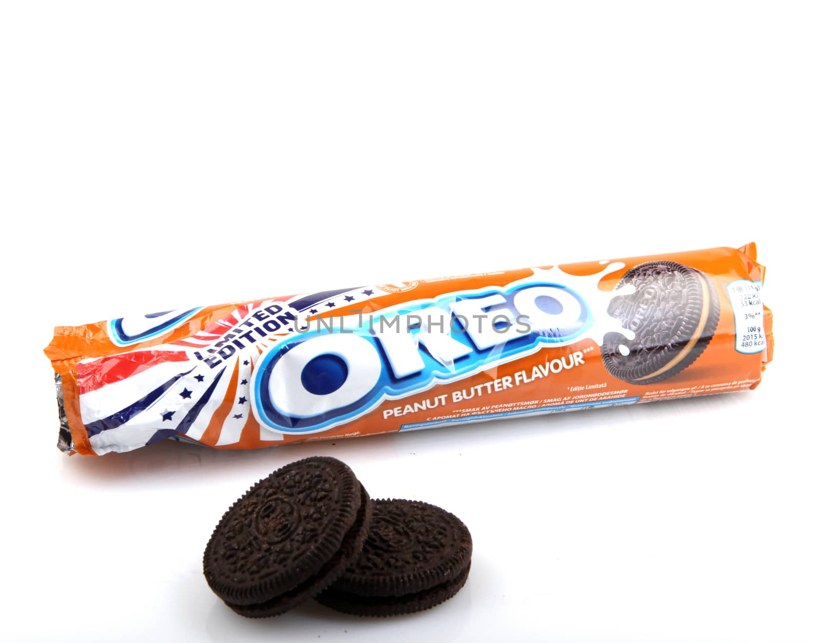 AYTOS, BULGARIA - APRIL 03, 2016: Oreo isolated on white background. Oreo is a sandwich cookie consisting of two chocolate disks with a sweet cream filling in between.