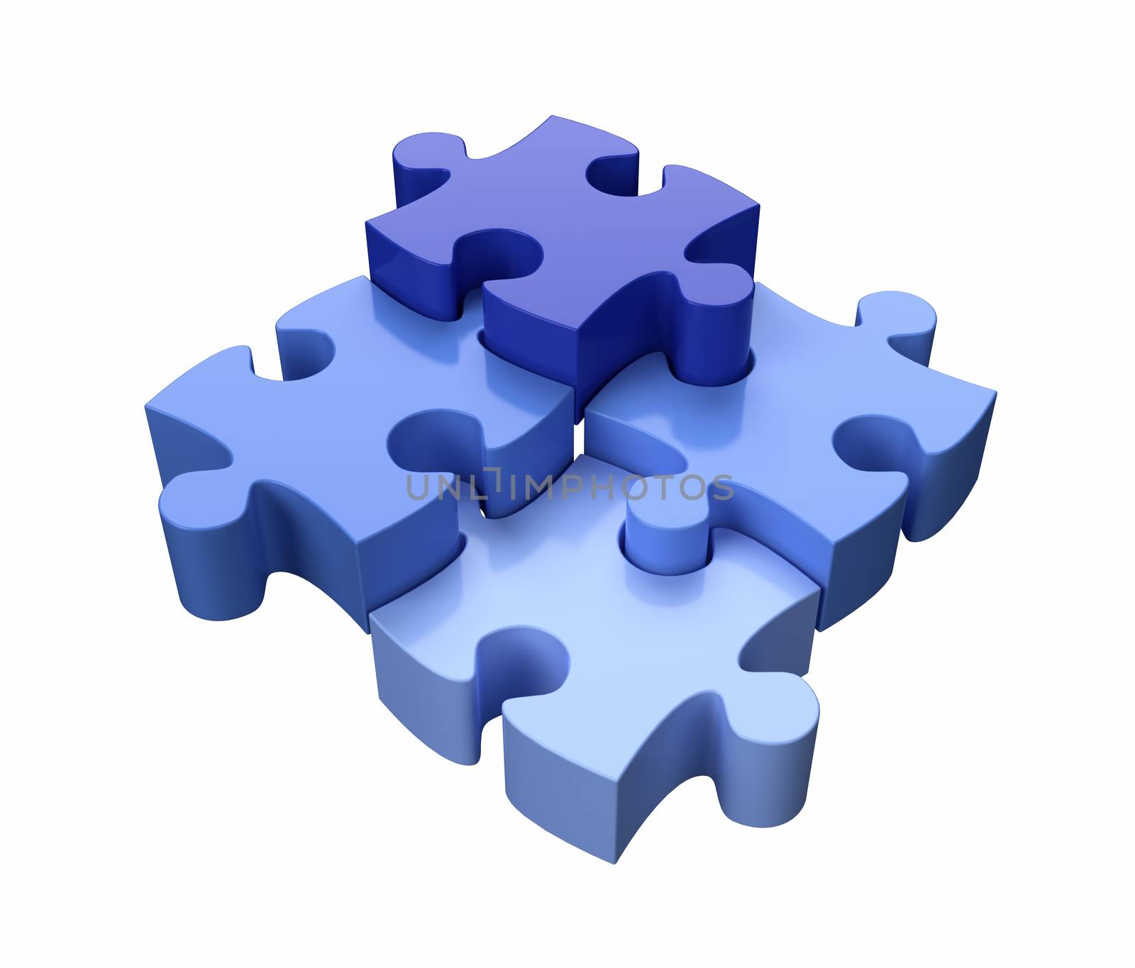 Four Jigsaw Puzzle Pieces Blue on White Background