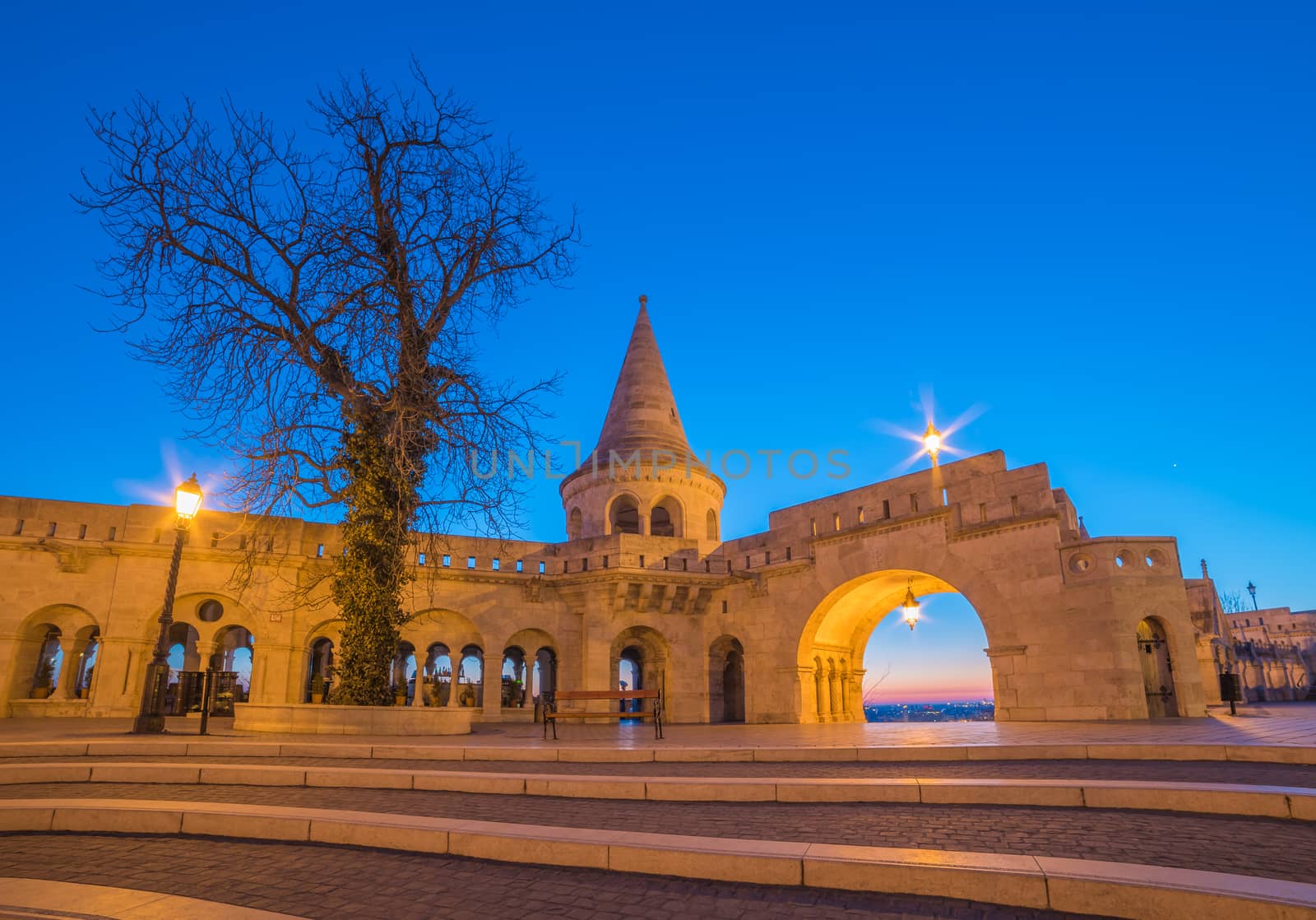 Fisherman's Bastion in Budapest, Hungary Illuminated at Night and Clear Blue Sky