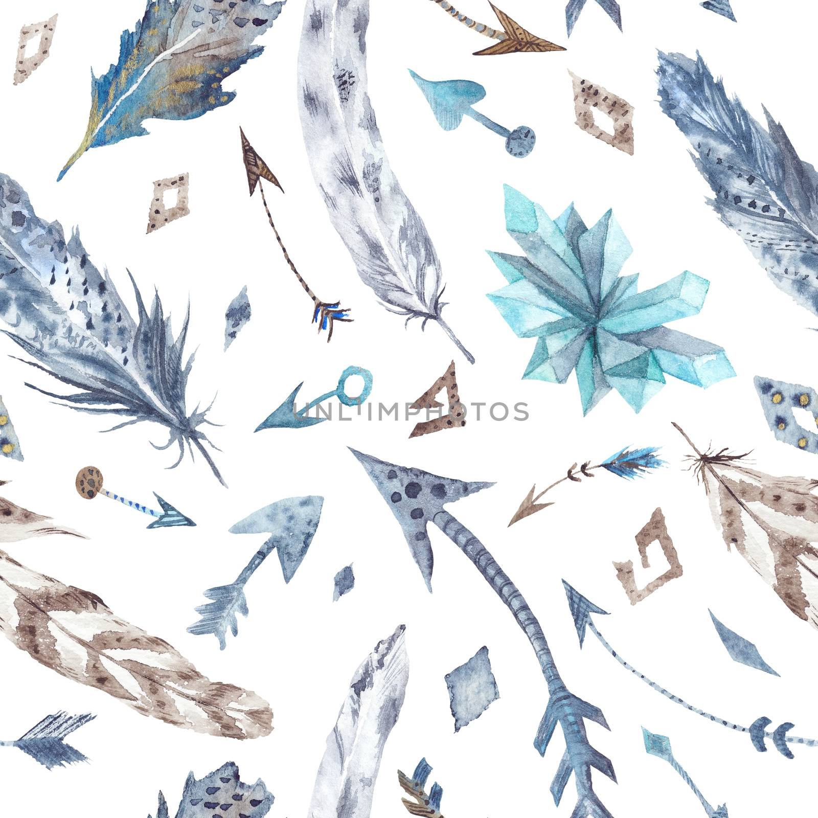 Creative hand-painted seamless texture with stylish arrows and geometric shapes on white background in tribal style