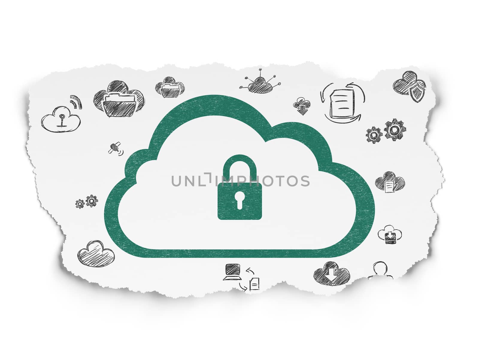 Cloud computing concept: Cloud With Padlock on Torn Paper background by maxkabakov