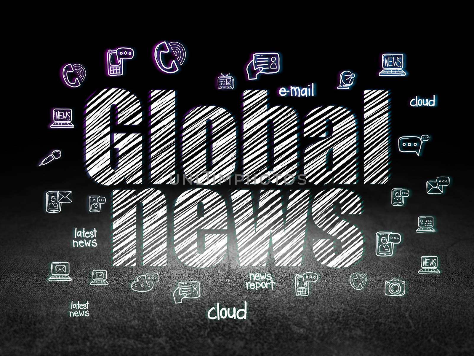 News concept: Glowing text Global News,  Hand Drawn News Icons in grunge dark room with Dirty Floor, black background