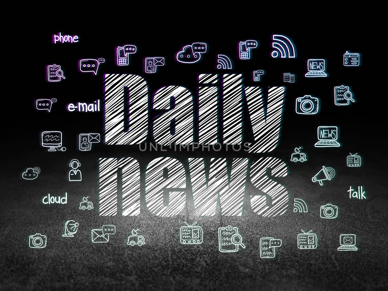 News concept: Glowing text Daily News,  Hand Drawn News Icons in grunge dark room with Dirty Floor, black background