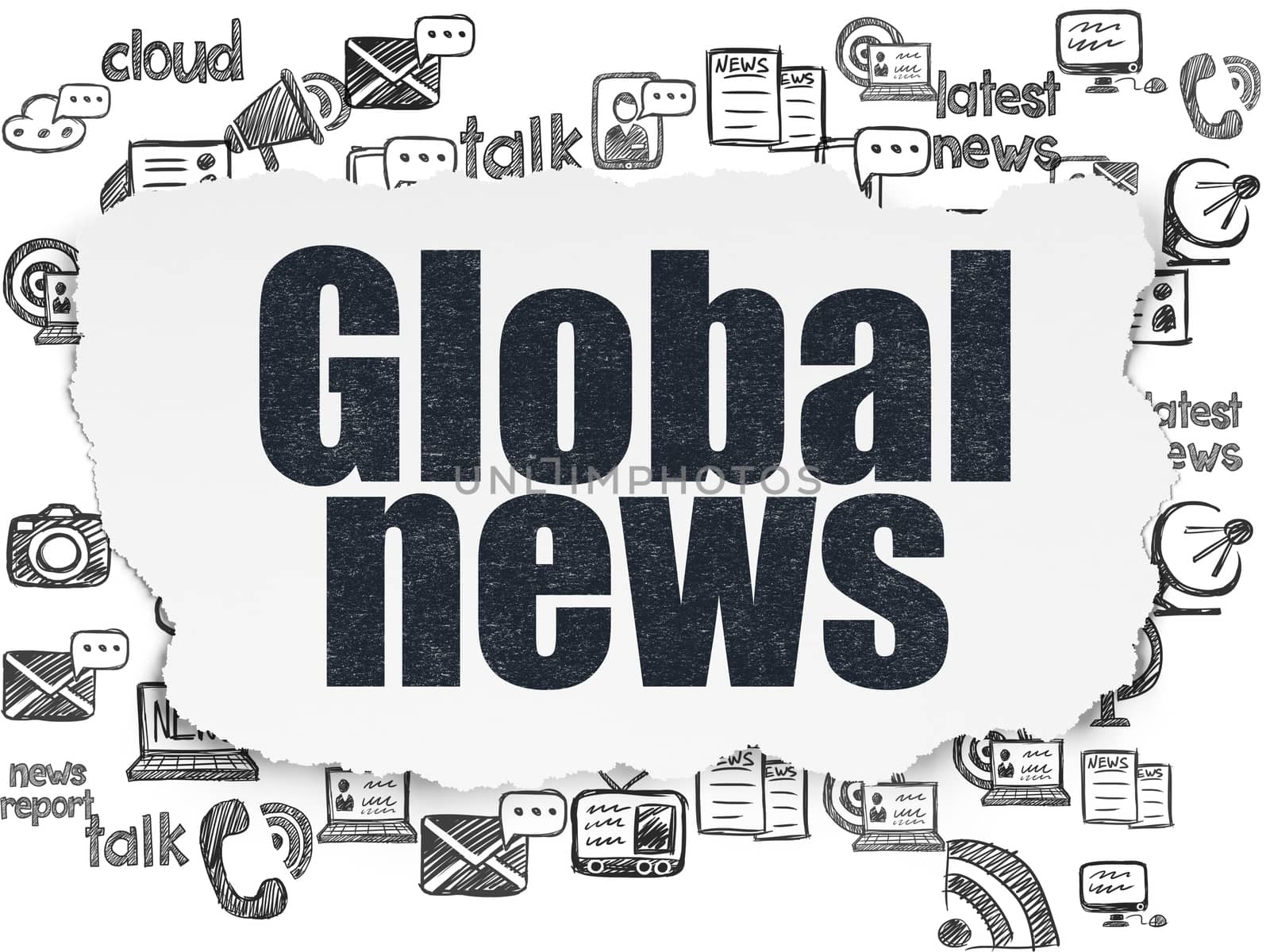 News concept: Painted black text Global News on Torn Paper background with  Hand Drawn News Icons