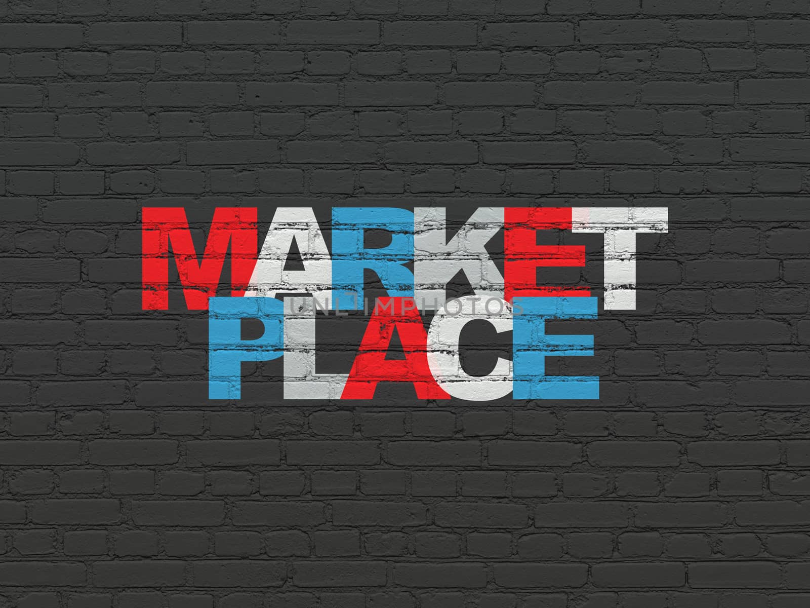 Marketing concept: Painted multicolor text Marketplace on Black Brick wall background