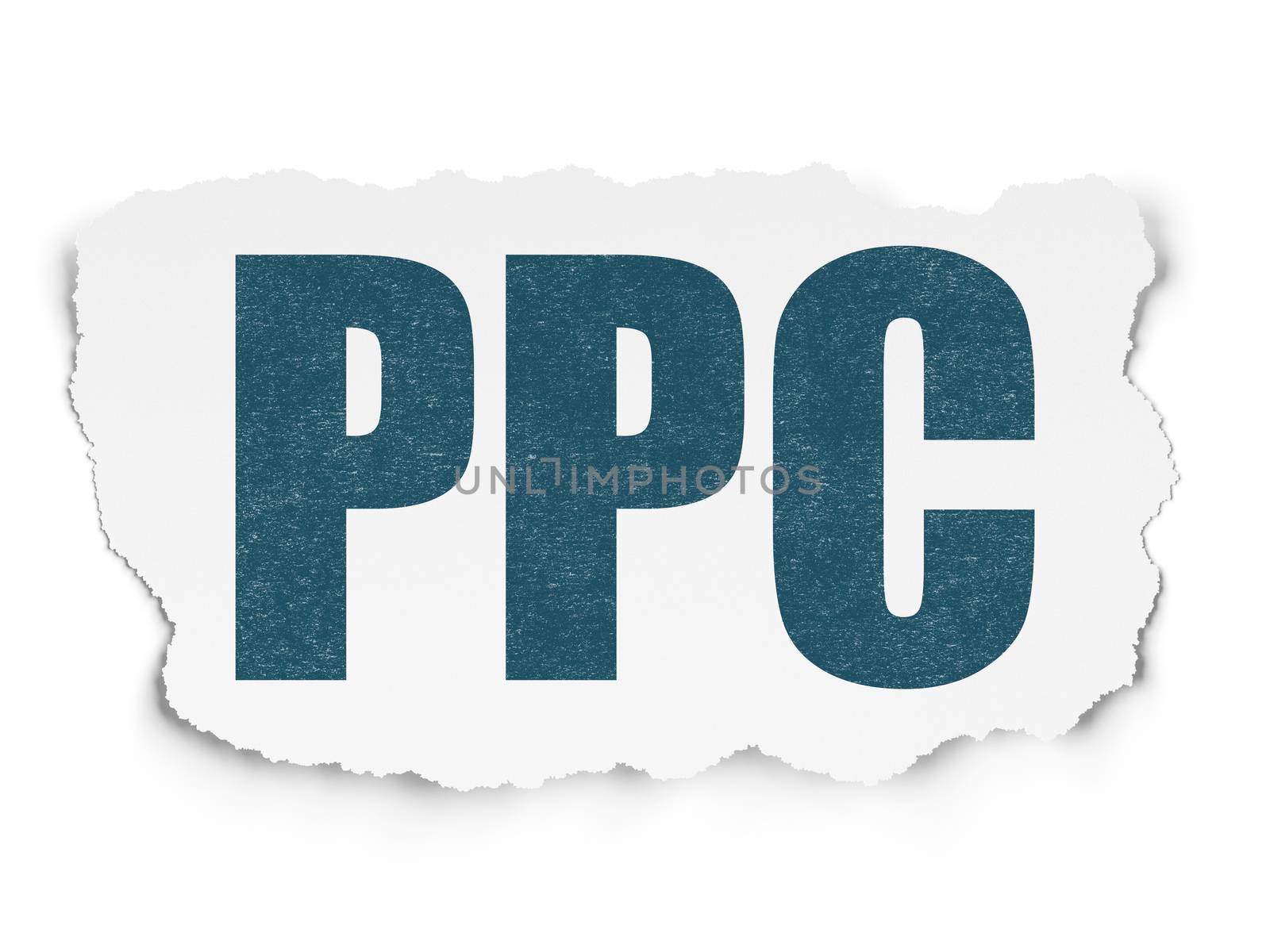 Marketing concept: Painted blue text PPC on Torn Paper background with  Tag Cloud