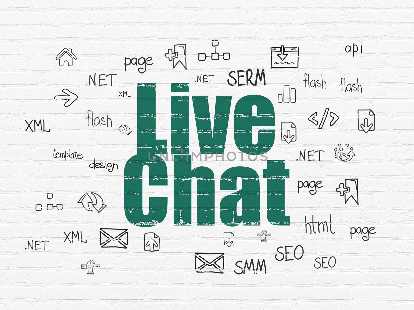 Web design concept: Painted green text Live Chat on White Brick wall background with  Hand Drawn Site Development Icons