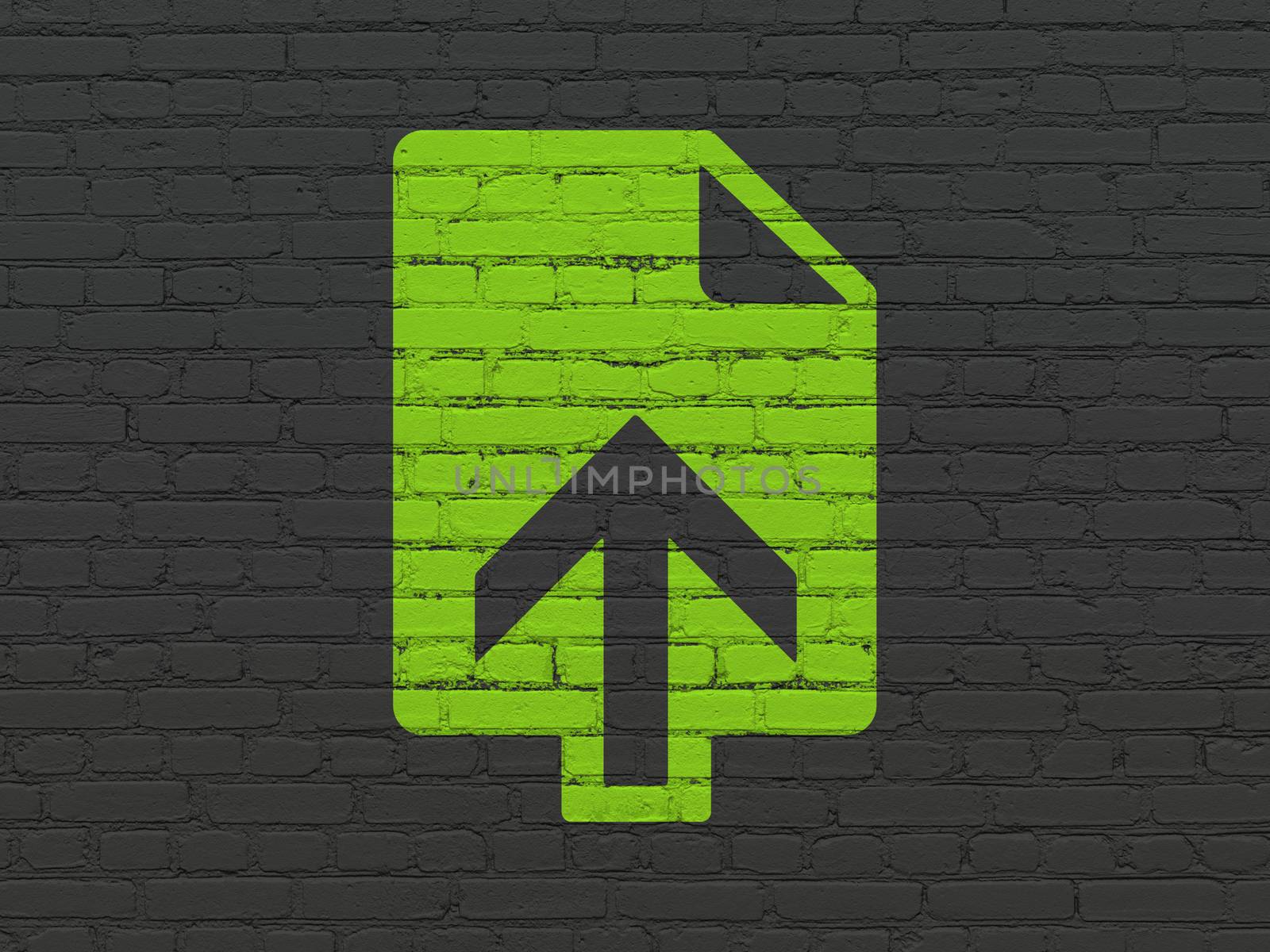 Web design concept: Painted green Upload icon on Black Brick wall background
