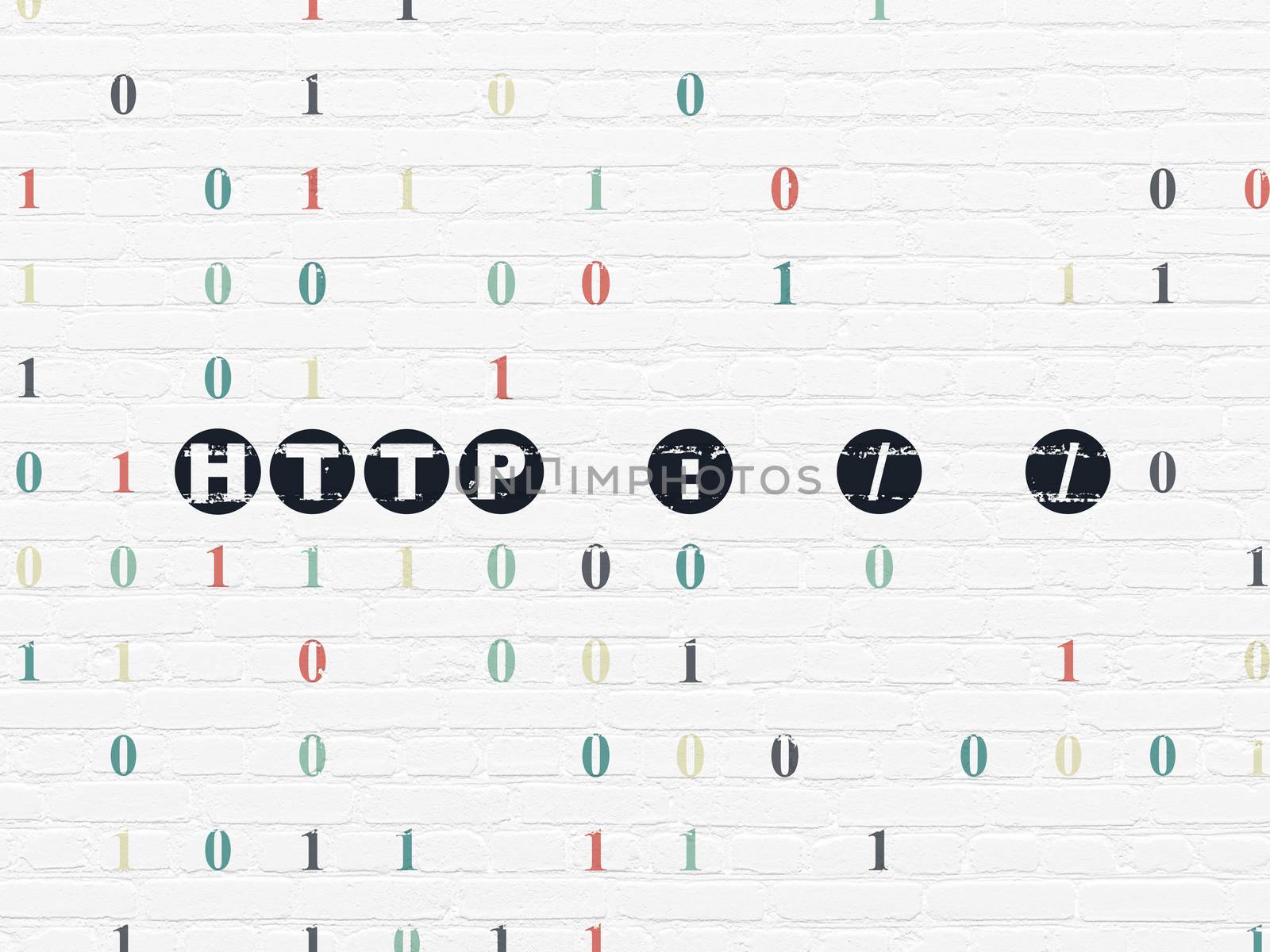 Web development concept: Painted black text Http : / / on White Brick wall background with Binary Code