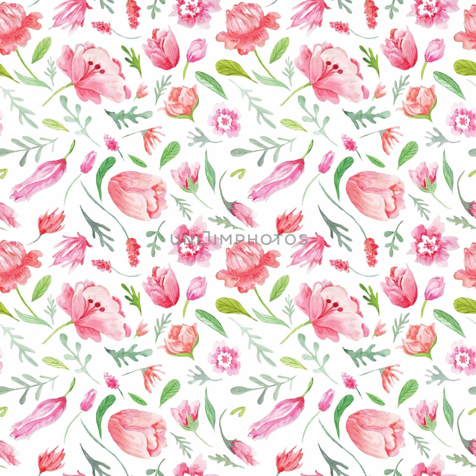 Summer bright hand-painted pattern with wild flowers and leaves for eco design on white background