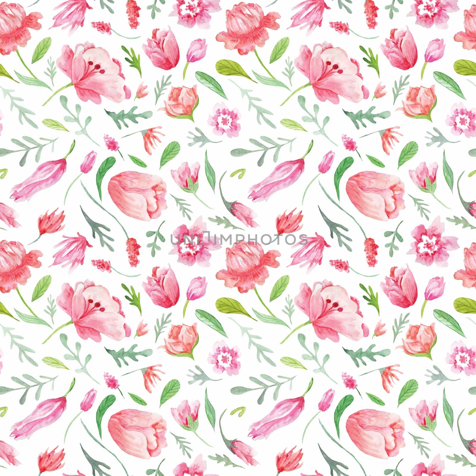 Summer bright hand-painted pattern with wild flowers and leaves for eco design on white background