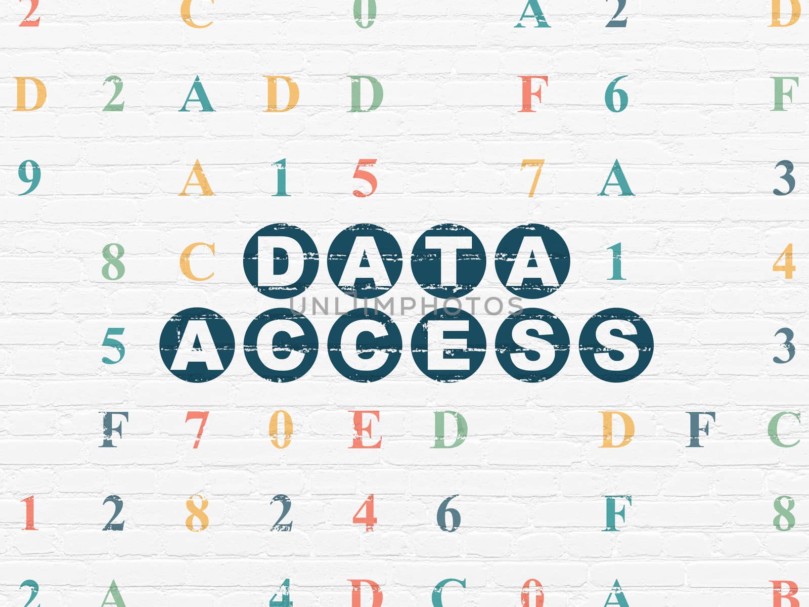 Data concept: Painted blue text Data Access on White Brick wall background with Hexadecimal Code