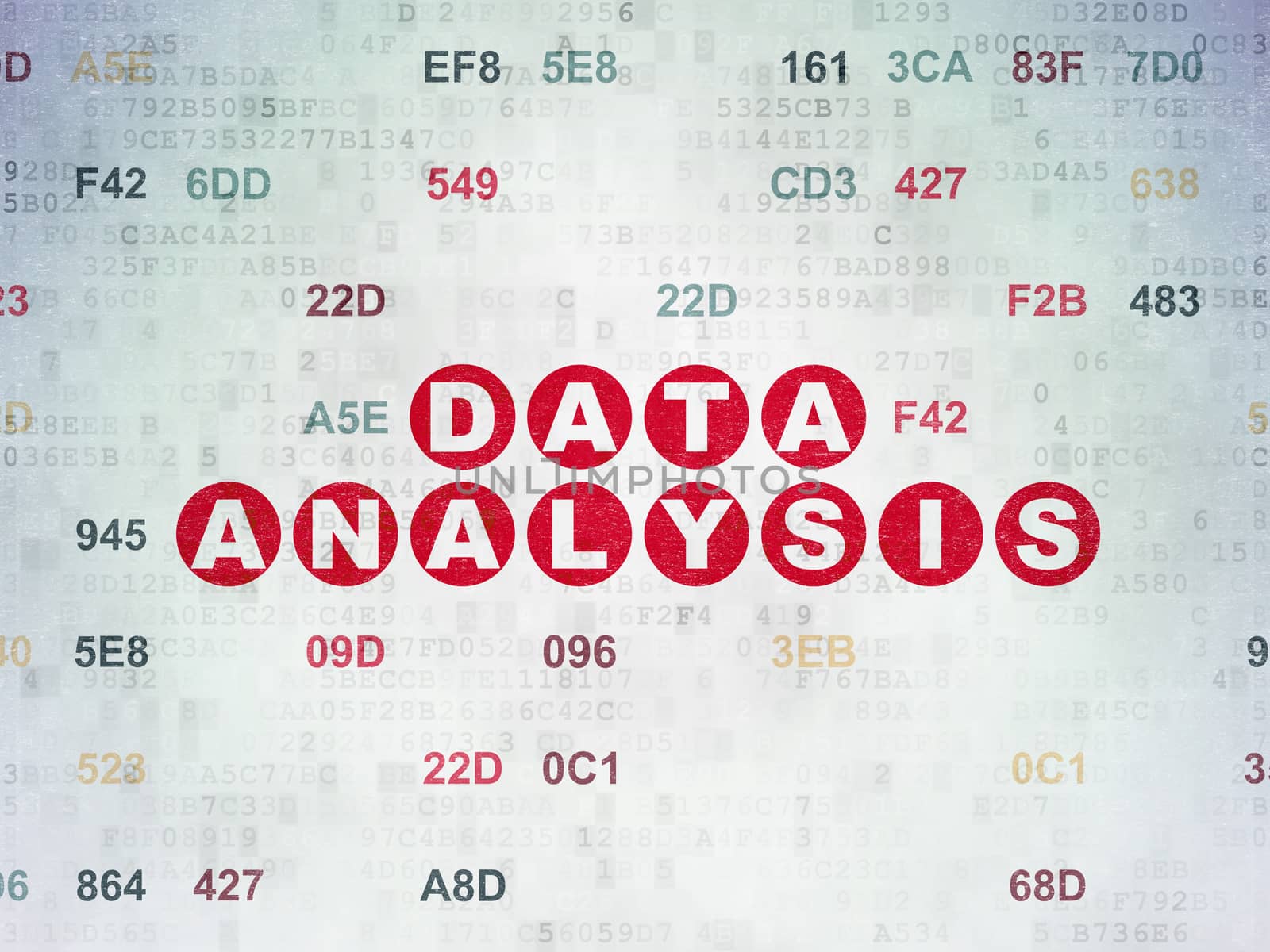 Data concept: Painted red text Data Analysis on Digital Paper background with Hexadecimal Code