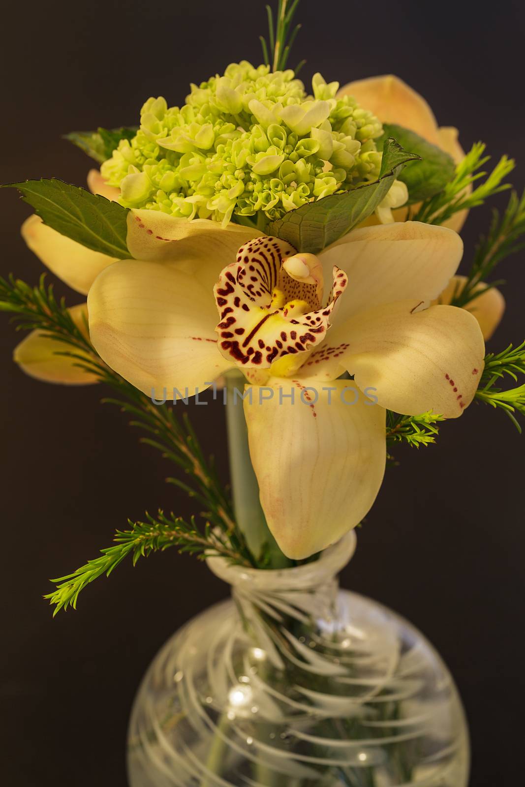 Green, white and red Cymbidium orchid arrangement in a blown glass vase at a wedding.