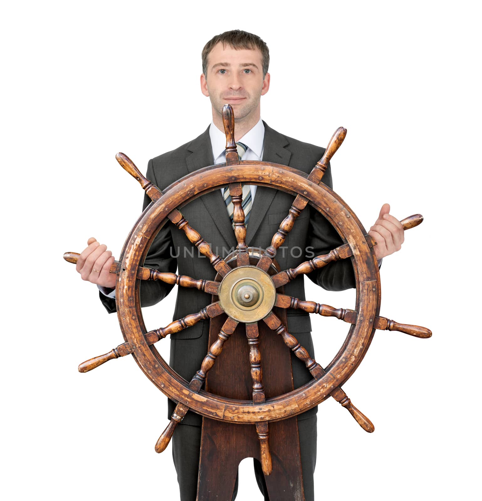 Businessman with steering wheel isolated on white background
