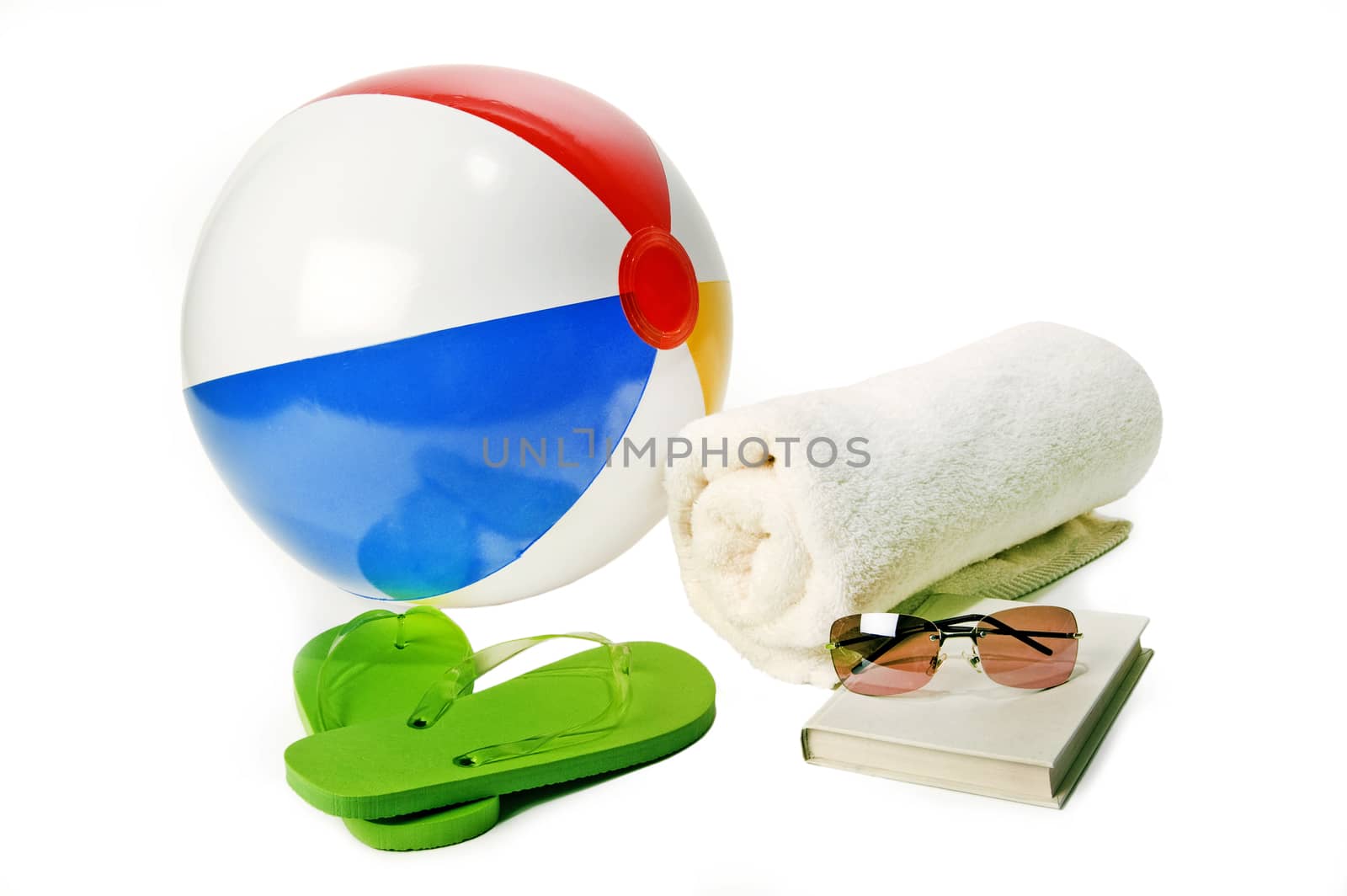 Accessories needed for going to the beach or swimming pool. On White background