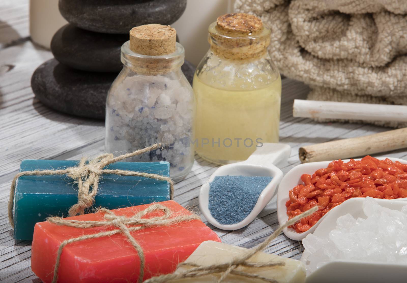 composition of spa treatment on the wooden table