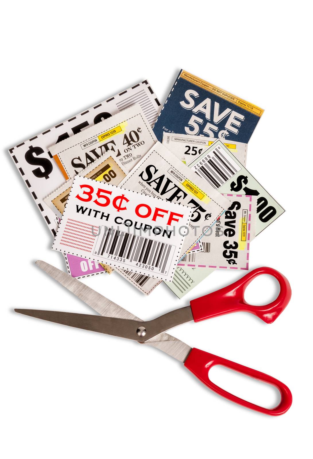 Please note...all coupons showing are not real. They are fictional.  Grocery coupons scattered about with red scissors.  Isolated on white.