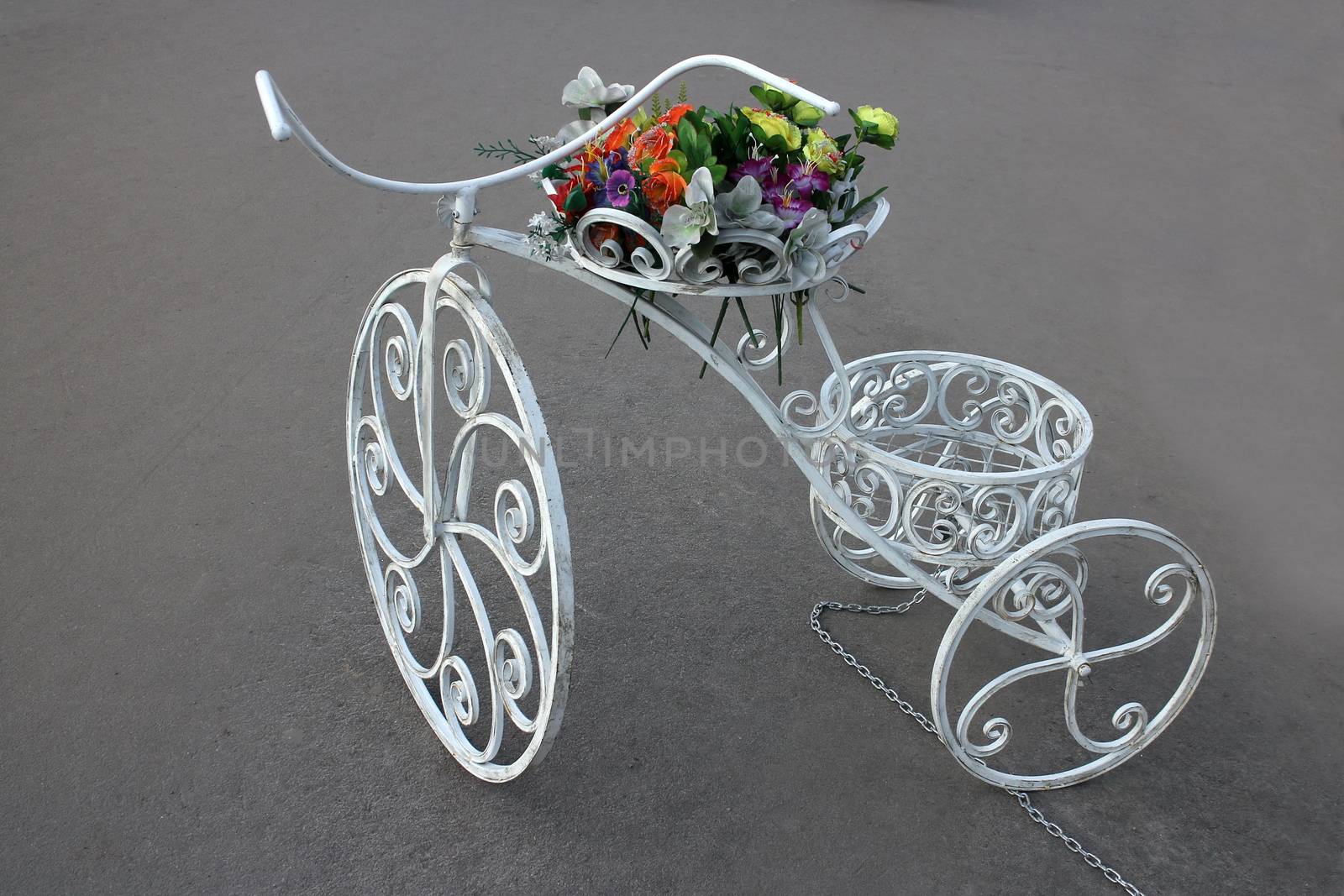 Decorative Vintage Old Bicycle Equipped With Basket Of Flowers