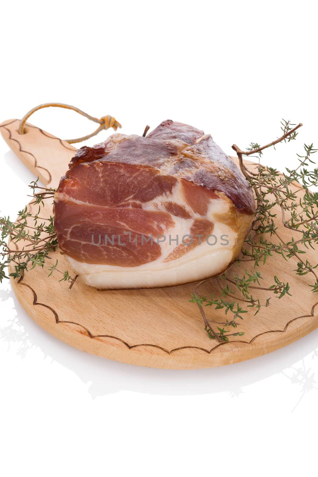 Traditional smoked with herbs isolated on white background. Culinary meat eating. 