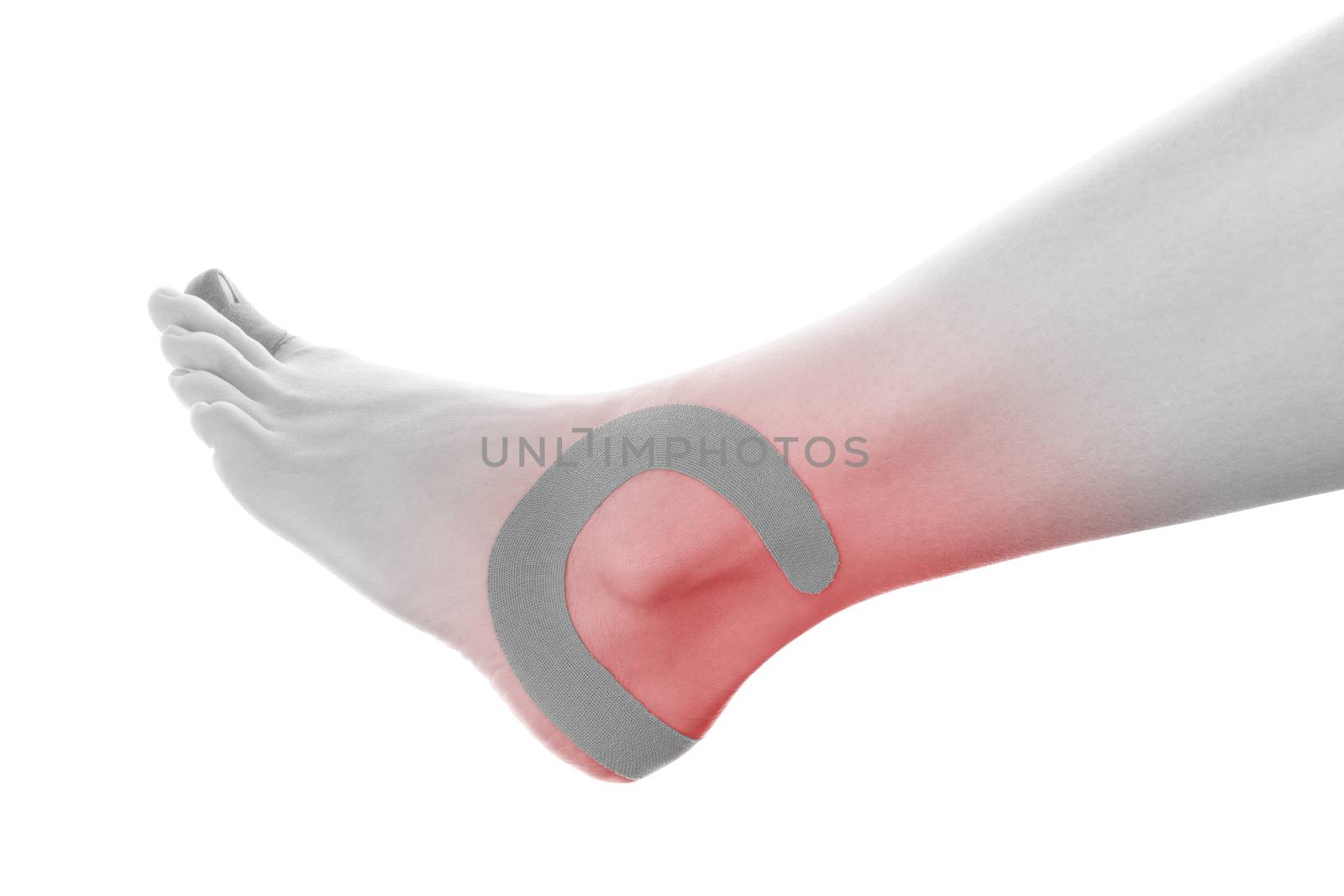 Therapeutic tape on female ankle isolated on white background. Chronic pain, alternative medicine. Rehabilitation and physiotherapy.