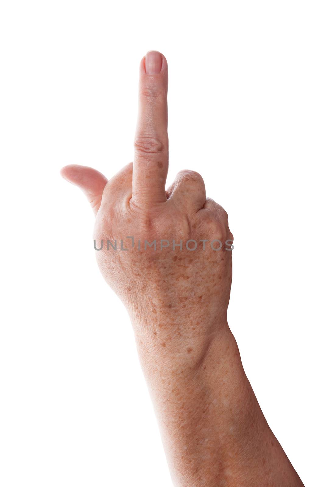Old female hand showing the middle finger isolated on white background. Obscene hand gesture.