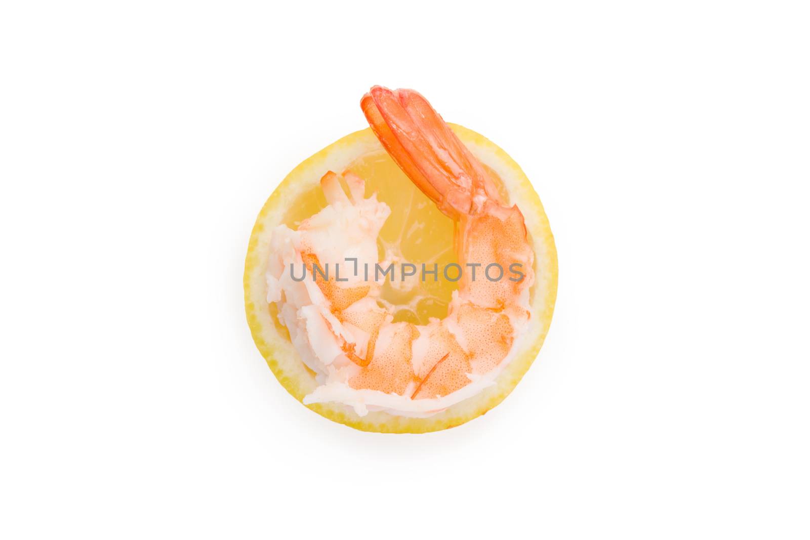 Cooked shrimp on lemon slice. by eskymaks