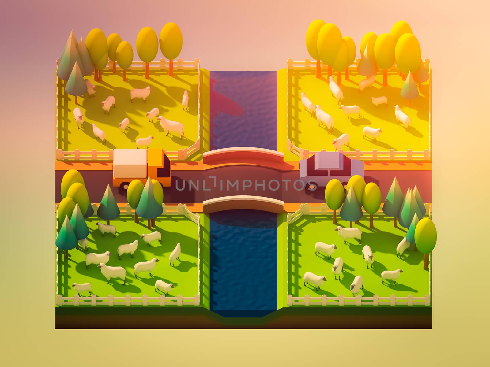 Sheep in the landscape, isometric view