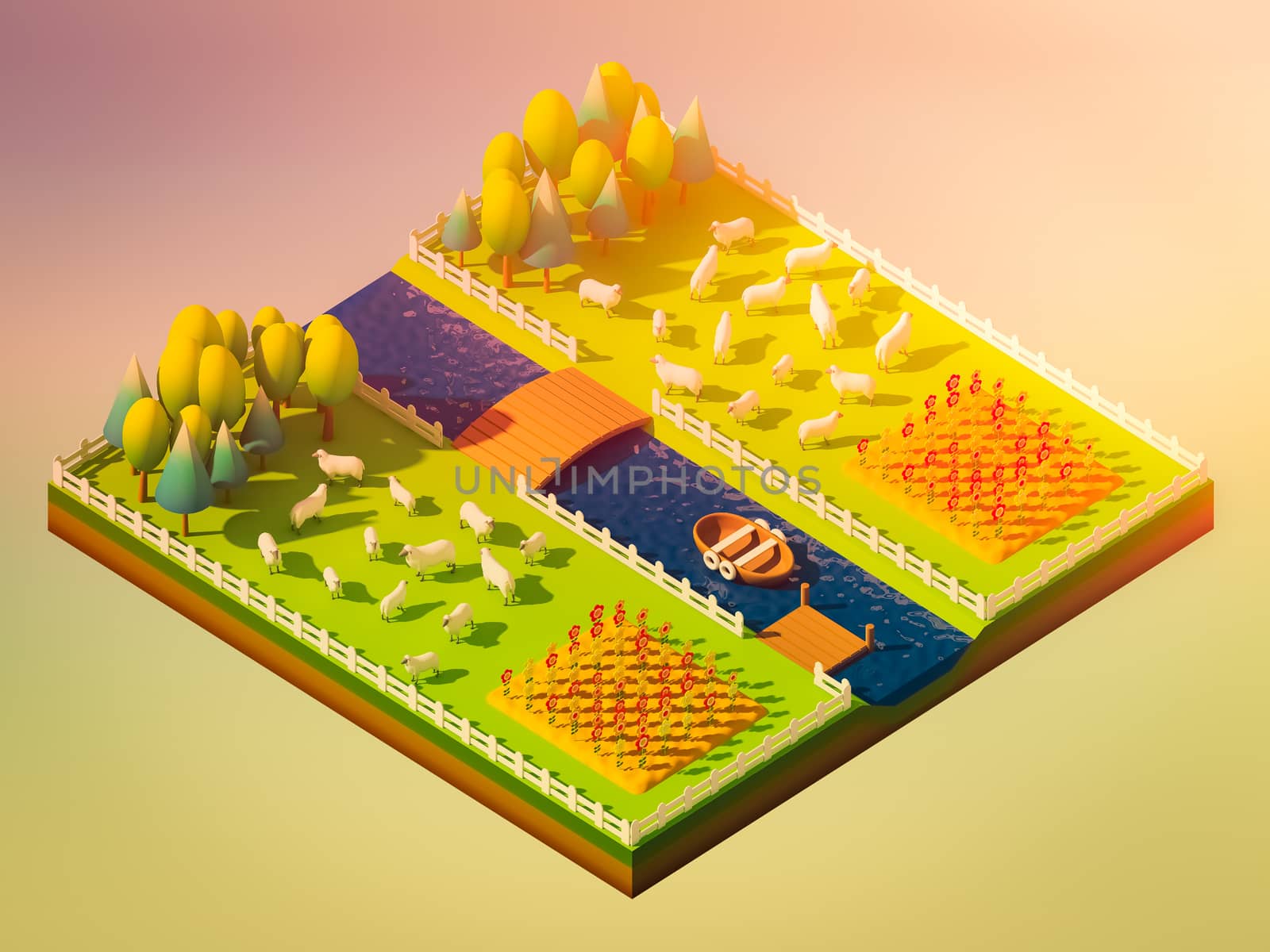 Sheep in the landscape, isometric view