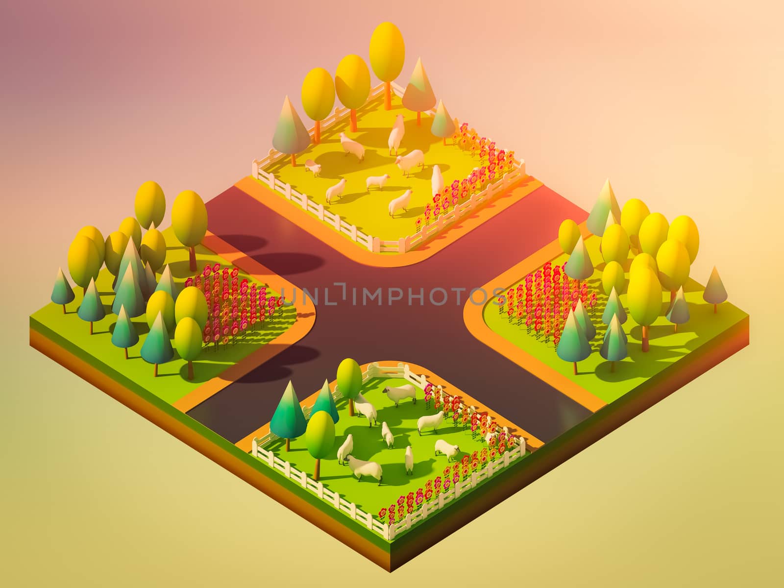 Sheep in the landscape, isometric view