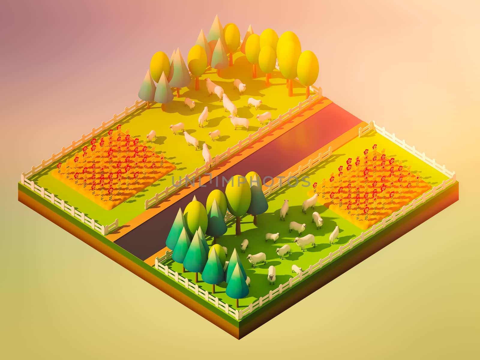 Sheep in the landscape, isometric view