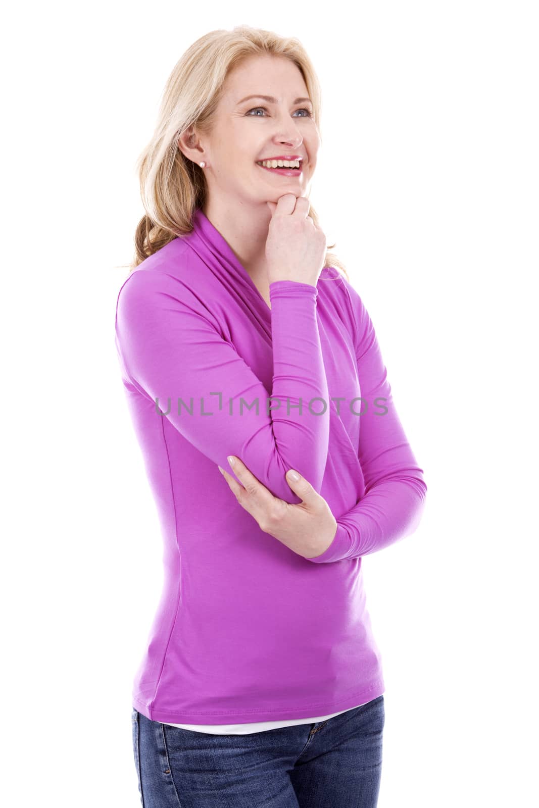 blond woman wearing purple top on white background