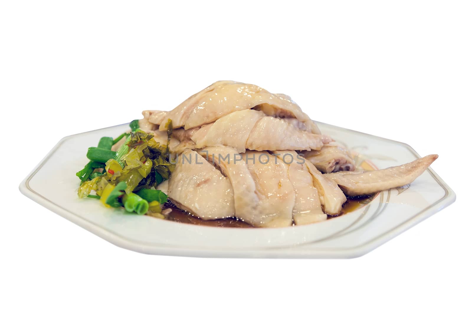 Hainanese Chicken Rice Dish with Condiments Closeup Macro Isolated on White Background