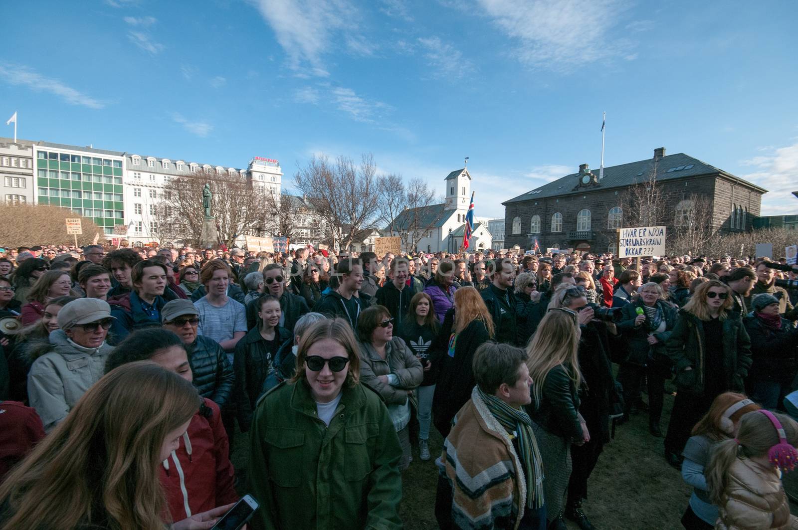 ICELAND, Reykjavik: Crowds gather outside Iceland's parliament demanding the Prime Minister step down over allegations he concealed investments in an offshore company in Reykjavik on April 4, 2016. Iceland's Prime Minister Sigmundur Gunnlaugsson earlier refused to resign after details about Wintris, an offshore firm used to allegedly hide million-dollar investments which he owned with his wife, were made public in Panama Papers massive data leak.