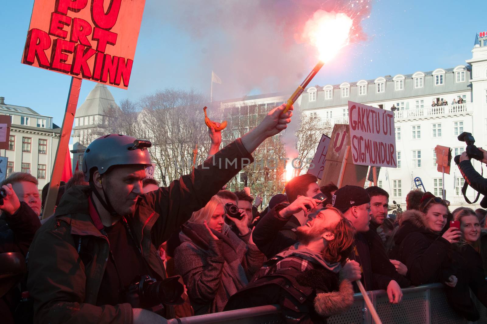 ICELAND, Reykjavik: Crowds gather outside Iceland's parliament demanding the Prime Minister step down over allegations he concealed investments in an offshore company in Reykjavik on April 4, 2016. Iceland's Prime Minister Sigmundur Gunnlaugsson earlier refused to resign after details about Wintris, an offshore firm used to allegedly hide million-dollar investments which he owned with his wife, were made public in Panama Papers massive data leak.