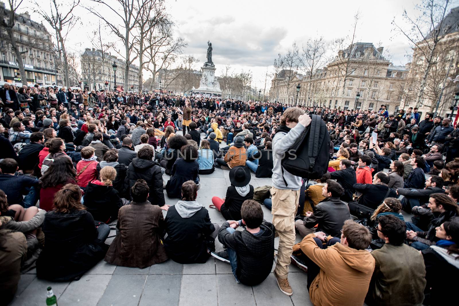 FRANCE, Paris: Hundreds of militants of the Nuit Debout or Standing night movement hold a general assembly to vote about the developments of the movement at the Place de la Republique in Paris on April 4, 2016. It has been five days that hundred of people have occupied the square to show, at first, their opposition to the labour reforms in the wake of the nationwide demonstration which took place on March 31, 2016. 