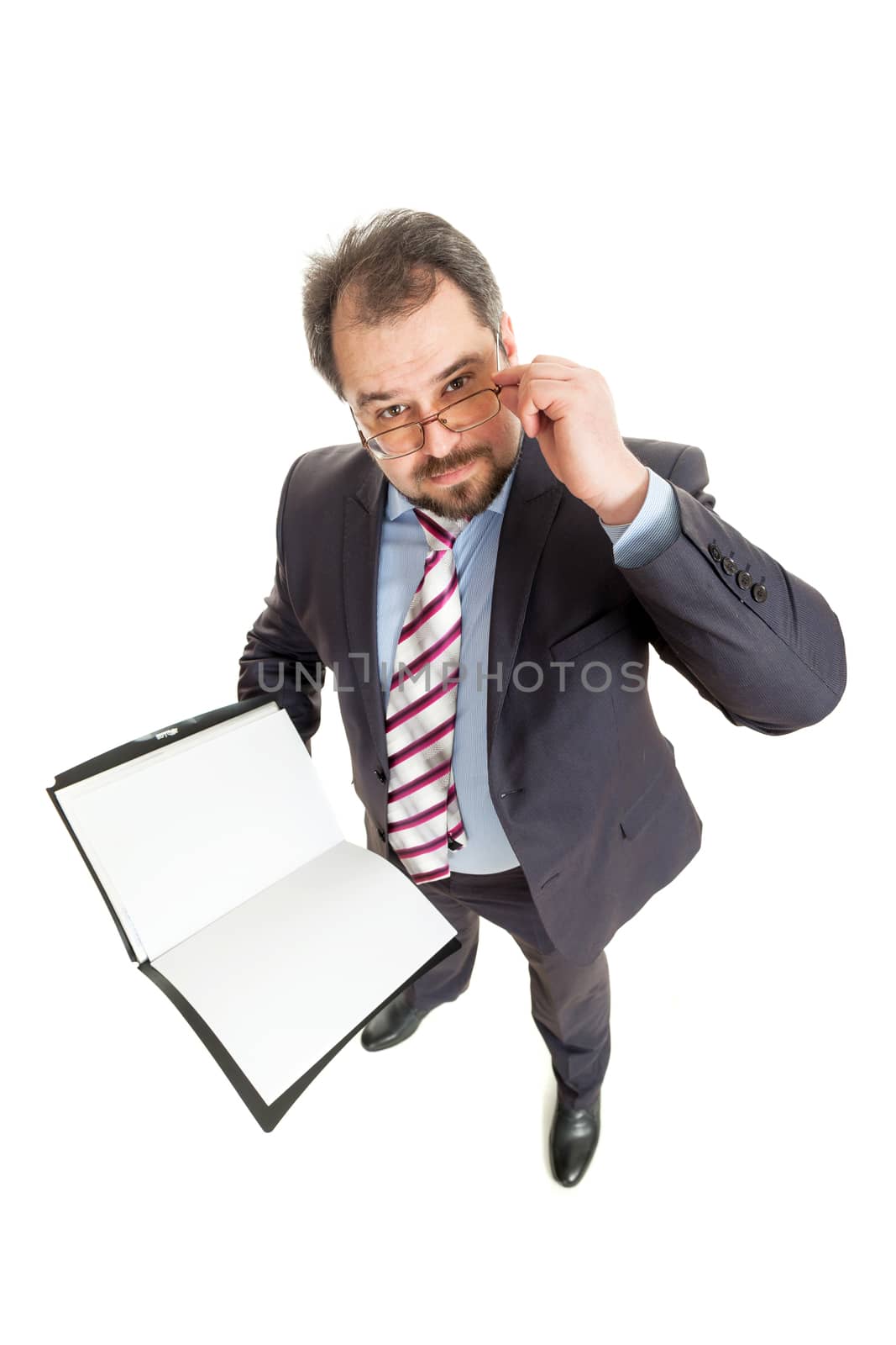 the adult man holds the folder in hand