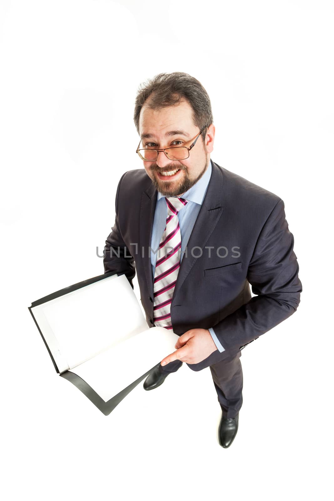 the adult man holds the folder by sveter