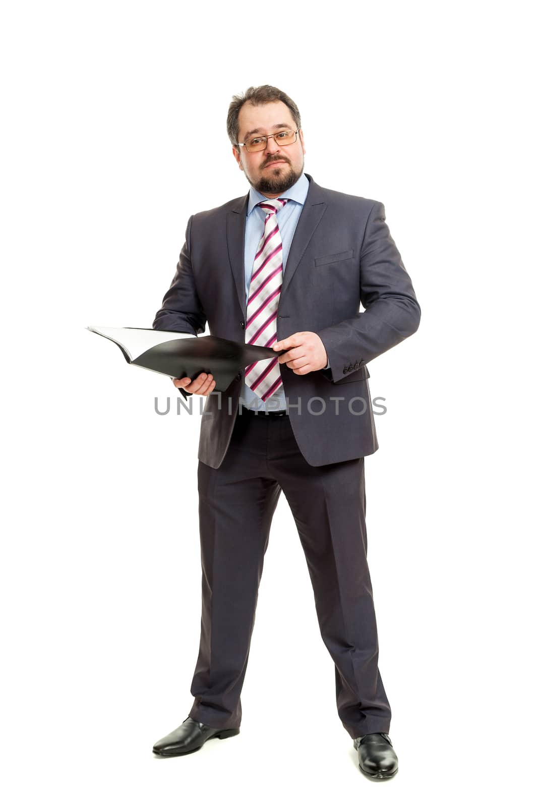 the adult man holds the folder in hand