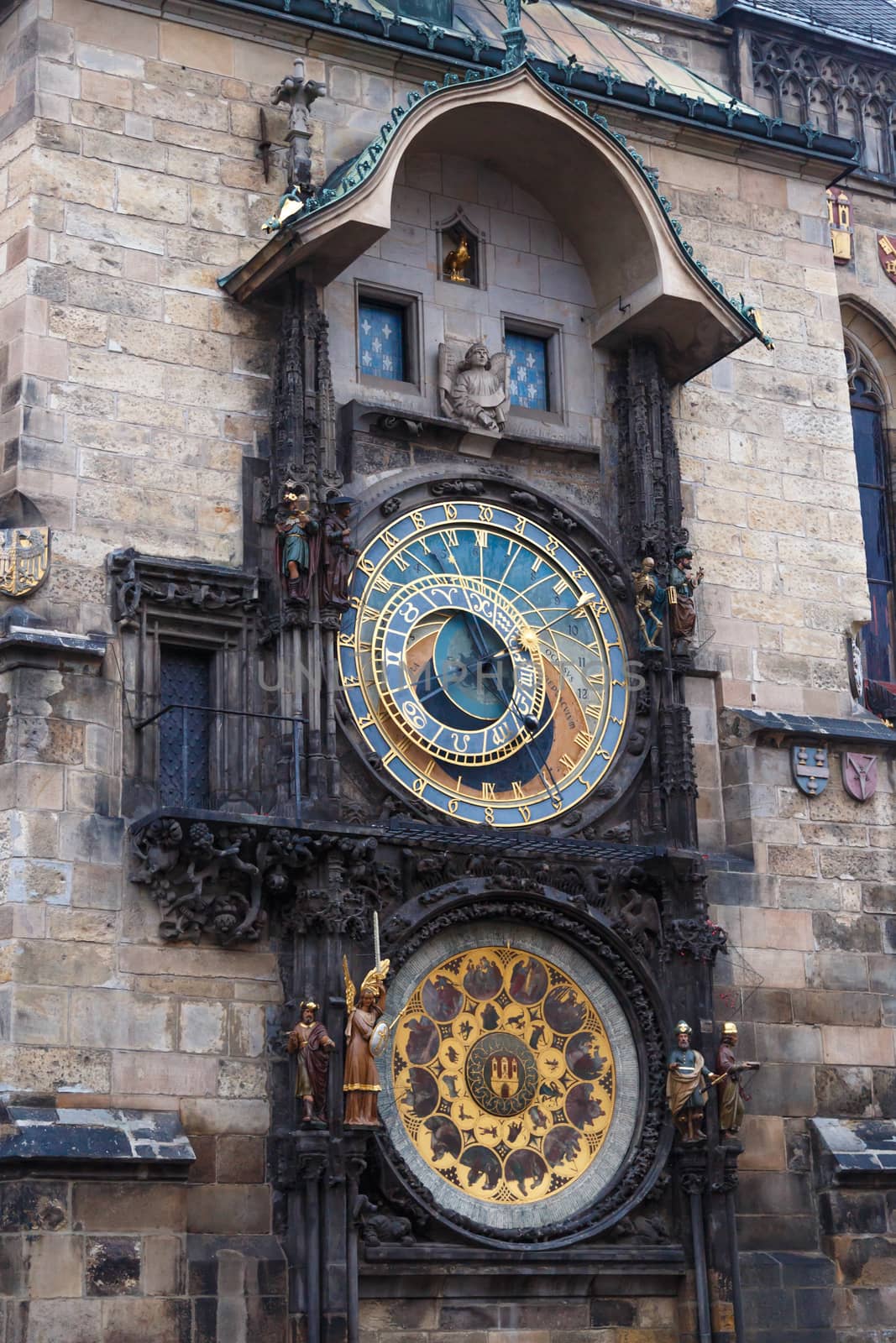 Close up detailed view of historical Astronomical Clock at old town square in Prague.